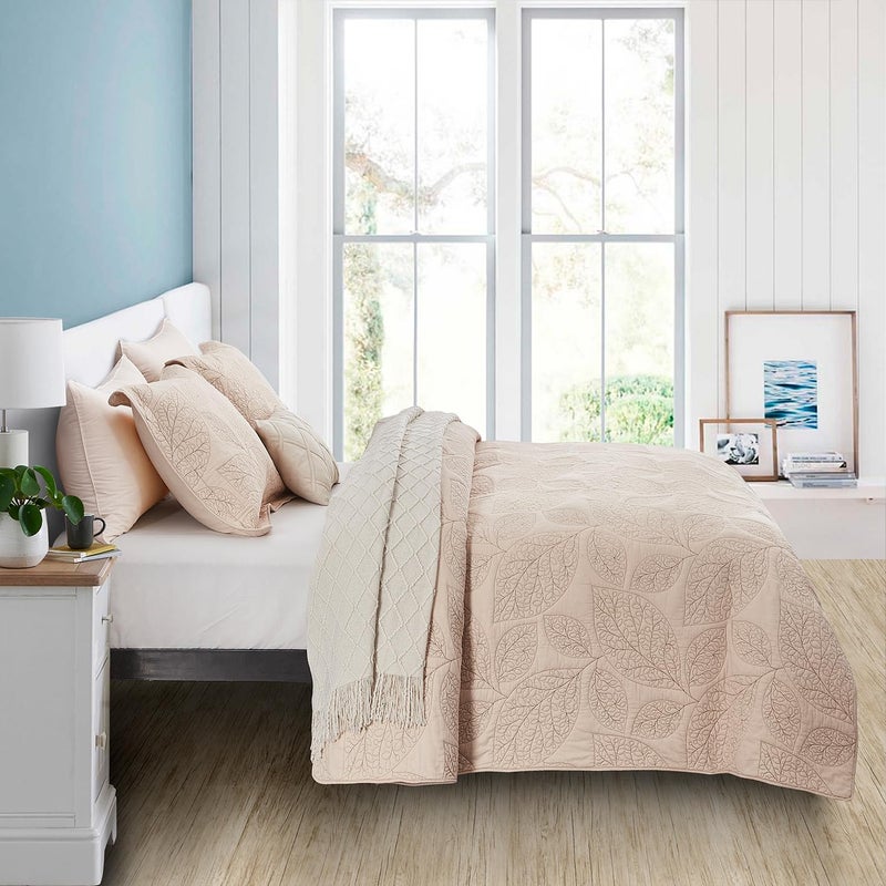 CHIXIN Botanical Cotton Quilt King Size - Real Stitching Leaf Pattern - Quilted Bedspread Coverlet Set, Ultra Soft, Lightweight, Reversible, 3 Piece, Oatmeal - Image 3